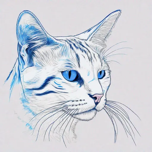 Prompt: [ blue : white ] , a drawing  of a beautiful cat , blank background,  clear contours , Ballpoint Pen, ink, high contrast, centered, side view, 8k, HQ, UHD