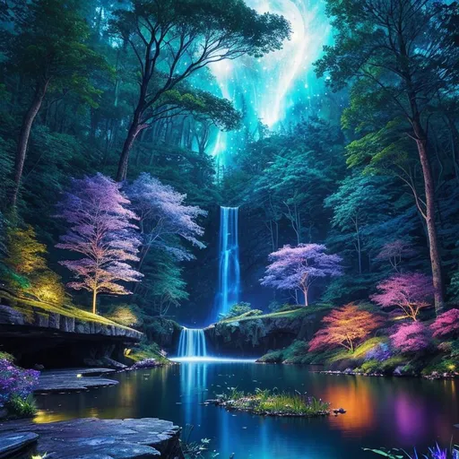 Prompt: professional photograph, landscape masterpiece, enchanted woods, fantasy, magical waterfall, crystal lake, lakeside view, blue moon, navy night sky, surreal scenery, peaceful, beautiful, glowing fireflies, UHD, 64k, unreal engine, high octane render, high quality, best quality, professional, absurd resolution, vivid colors, neon colors, highly detailed, intricate detail, sharp focus