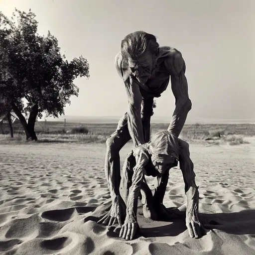 A very old hunchback with his hands in the sand and a cat on his head