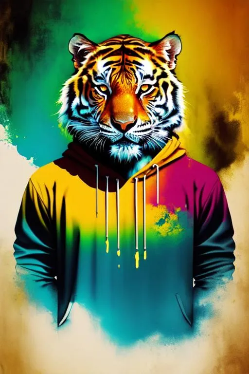 Prompt: electro tiger looking cool, retro color background with dripping paint, head to shoulder shot, poster digital art, Animal tale Fabulation, funk psychedelic art, Trending on behance, Hyper Realistic