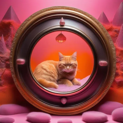 Prompt:  an orange house cat sleeping in a magic circle, terrarium, vivarium, Orgonite pyramids with chrome accents, Mushroom Cloud, a pink backdrop, by H. R. Giger, by Dr. Seuss, 