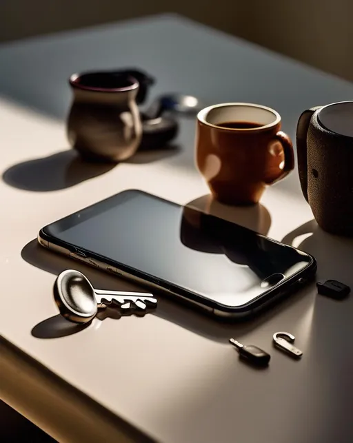 Prompt: A unique still life photograph of ordinary everyday objects like keys, coffee mugs, and phones arranged in an interesting composition with dramatic lighting. Deep shadows and unusual angles make the mundane objects more intriguing and abstract. Shot with a 50mm prime lens on a Nikon Z6 to capture rich detail and tonality.
