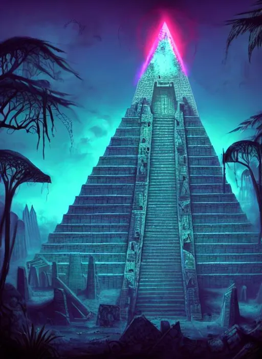 Prompt: Necromancer, spellcasting, futuristic, evil, dystopian future, ruins, dense jungle, Aztec, mayan, pyramid, neon