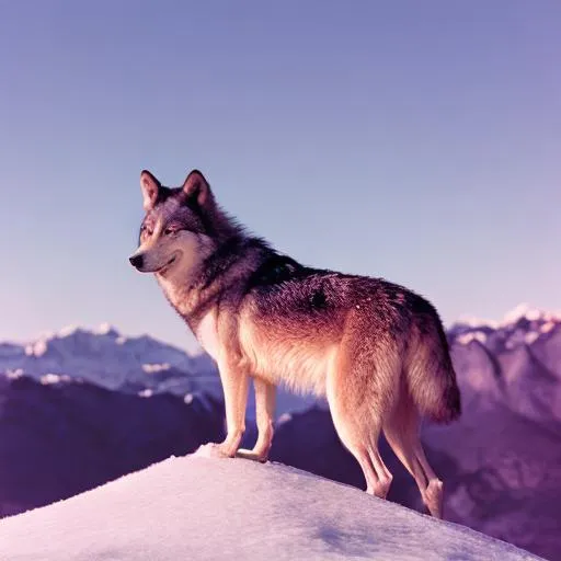 Prompt: Wolf standing on a mountain ridge 8k hyperdetail leader strong staring intense 