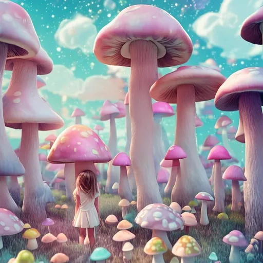 Prompt: A girl lost in a Magical colorful pastel color mushrooms place