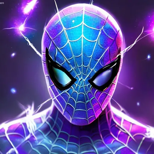 Prompt: Create the most Coolest Spider Man Suit Using LED Purple on his eye socket part and make his suit have galaxies in it, 8k, Animated Style