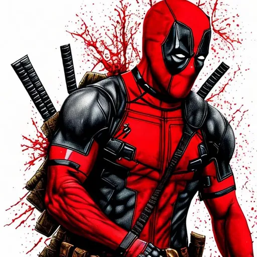 Prompt: Deadpool with blood on his hand with a knife realistic