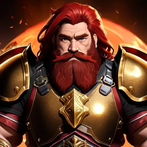 Prompt: "Full body portrait of an older grizzled male gold dwarf with short fiery red hair and a long trimmed beard, stocky body, dressed in red and black full plate armor, holding a battle axe #3238, UHD, hd , 8k eyes, detailed face,  8k eyes, intricate details, insanely detailed, masterpiece, cinematic lighting, 8k, complementary colors, golden ratio, octane render, volumetric lighting, unreal 5, artwork, concept art, cover, top model, light on hair colorful glamourous hyperdetailed medieval city background, intricate hyperdetailed breathtaking colorful glamorous scenic view landscape, ultra-fine details, hyper-focused, deep colors, dramatic lighting, ambient lighting god rays, flowers, garden | by sakimi chan, artgerm, wlop, pixiv, tumblr, instagram, deviantart