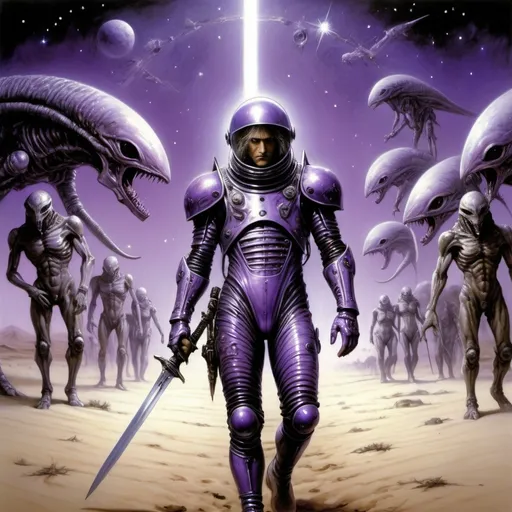 Prompt: dystopian style. Luis Royo. a brutal fair-haired middle-aged man in a mirrored purple spacesuit with a sword in his hand.  in the background: a fantastic caravan of alien animals and drivers walking through a sandy desert in another world. purple light, bright stars. very detailed
