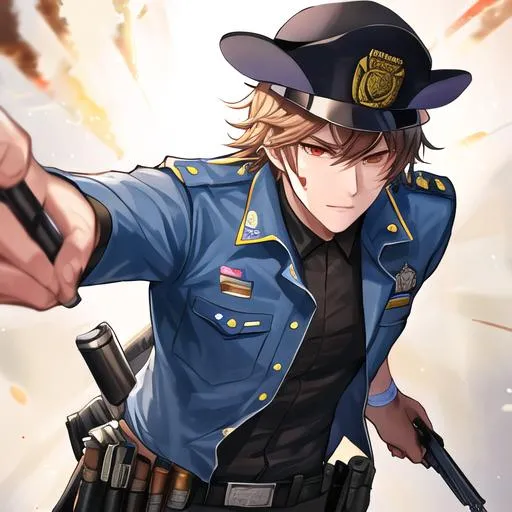 Prompt: Caleb as a police officer in a gunfight bullets flying, wounded
