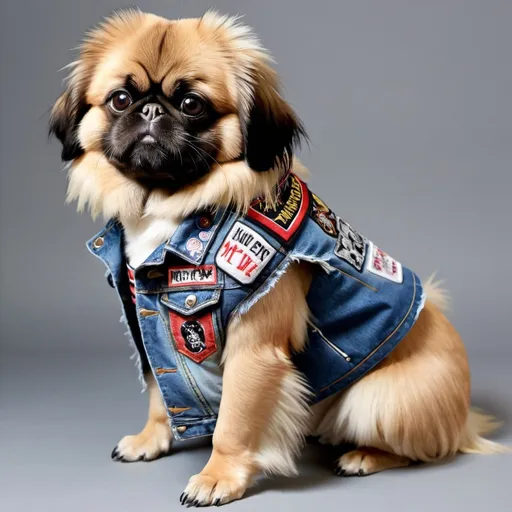 Prompt: Pekingese wearing a heavy metal music denim vest with patches