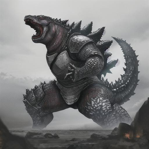 godzilla wearing full plate armour wielding a hammer | OpenArt