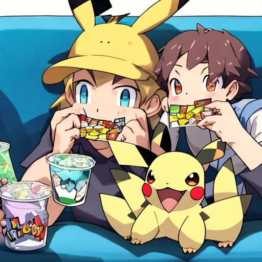 Prompt: pokemon eating chips on couch
