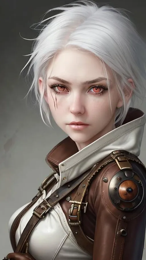 Prompt: Zoom in Portrait Very becautiful young woman with red eyes and short emostyle white hair, a burnscar over her left eye, hair over her right eye, (Masterpiece), gentle sad expression, short white emostyle assymetrical hair, (Masterpiece), holding a rifle, very beautiful young woman, fantasy, leather steampunk magitech outfit, overals, long sleeved shirt, lovely short white hair with a lock over her right eye, cinematic light, beautiful woman, beautiful red eyes, short emo style hair hair, longer locks over her right eye, perfect anatomy, very pretty, princess eyes, fantastic, stylised animation, life size, 32K resolution, human hands, mysterious shape, graceful, almost perfect, dynamic angles, highly detailed, figure sheet, concept Art, smooth, symmetrical, balanced placement, fashion pose, 20s beauty, great hair, overhead space