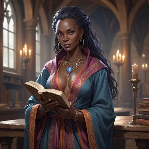 Prompt: Sorceress, black skin, In her forties, intelligent, shy, decent beauty, book in hand, medivial style colorfull robe, great hall, rpg-fantasy
