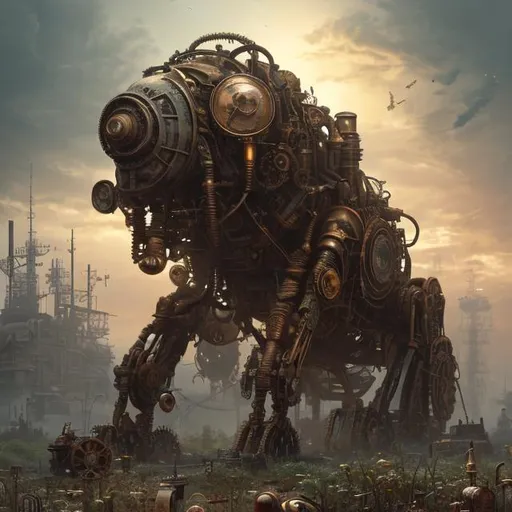 Prompt: Steampunk,sad,rusty,Robot,Cornfield,Sunrise,Detailed design,Metallic surface,Morning light,Nature and technology,Fantasy,Innovation,super pretty, trending on artstation, sharp focus, perfect lighting, insanely pretty, studio photo, intricate details, highly detailed, by greg rutkowski