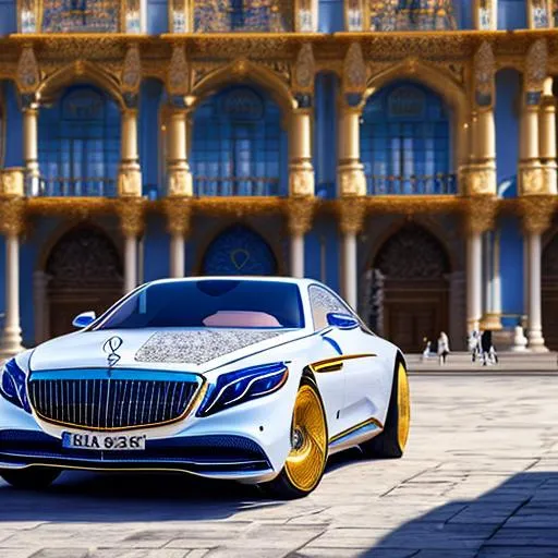 Prompt: create most beautiful photograph of most beautiful fictional, mercedes benz maybach, Persian style, blue, white, golden, Royal, extremely, detailed environment, detailed background, intricate, detailed skin, natural colors , professionally color graded, photorealism, 8k, moody lighting.