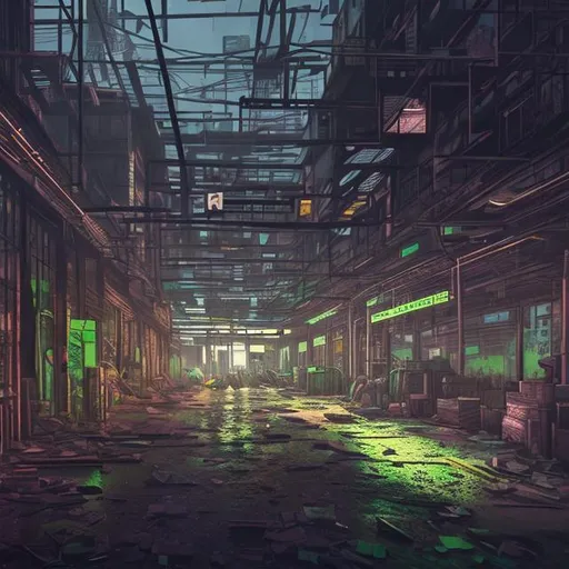 Prompt: dystopian neon warehouse in slums]