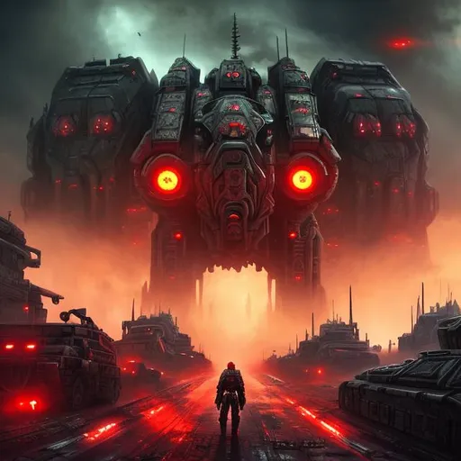 Prompt: Red lights, biological mechanical, soldiers, evil, warfare, futuristic, teeth, fangs, giant robot city, moving city, tanks, dark, fantasy art style, black sky, clouds, thunder storm