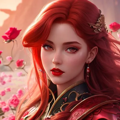 Prompt: A surreal landscape of a rose warrior, wearing soft petals, with very fair complexion, red gloss lips, rosy cheeks, red lips, voluminous auburn hair, stylized CGI, fantasy genre, woman.