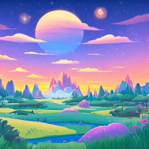 Prompt: A disney type and easy to draw land of grass with a clear sky