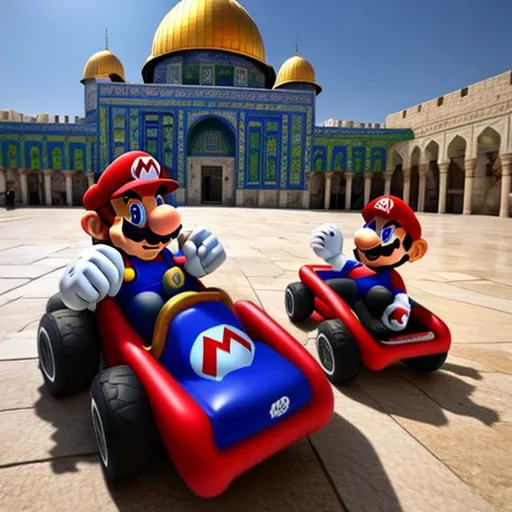 Prompt: Mario kart and bibi Netanyahu in al aqsa mosque
