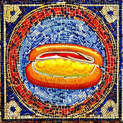 Prompt: Byzantium style mosaic depicting Chicago style hot dog, High Res
