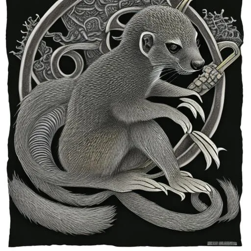 Prompt: Japanese Mon of the silhouette of a Mongoose, On a black Sash, Dark Green, Legend of the Five Rings, Asian Aesthetic, L5R, charcoal drawing, digital illustration, ink drawing