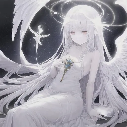 Prompt: 119, Long White Gown, White Angel Wings, Divine Waters, Shape Gift, Lover of Emotion, Critical Occult Delicacy 
