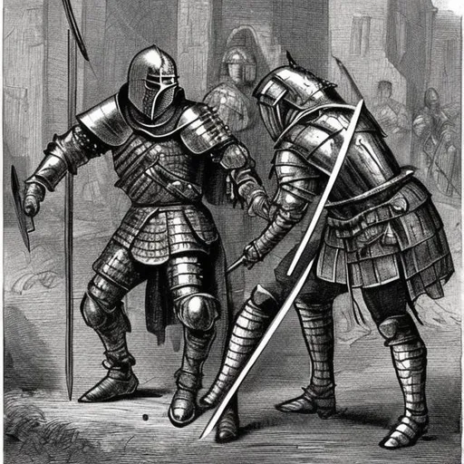 Prompt: A Knight getting stabed by a bandit