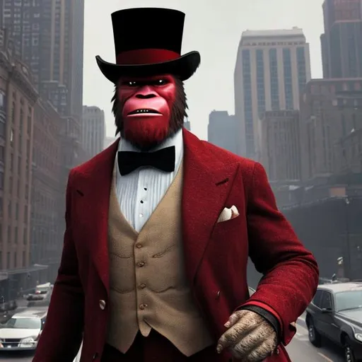 Prompt: A huge, muscle covered sasquatch wearing a top hat, & a formal red suit-tie on his neck, & carrying a briefcase, in a city.