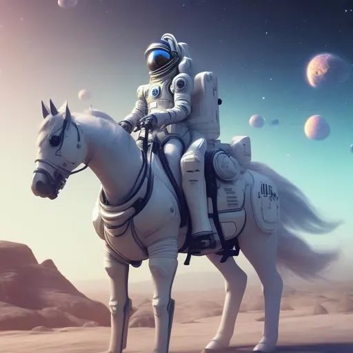 Prompt: Futuristic space cowboy riding a horse in a space suit. the space suit for the cowboy and the horse should be thin. they should be on an obviously alien planet. Ensure that the horse has 4 legs and the cowboy has 2 legs and 2 arms. 4k