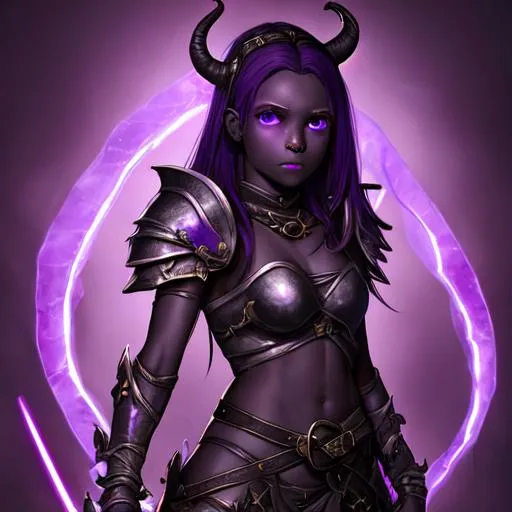 Prompt: Portrait of an adolescent, scared, innocent, beautiful tiefling girl with very dark ash skin, wearing tattered leather armor with glowing, light purple psionic blades emanating from her hand