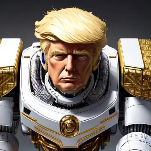 Prompt: Donald Trump, Robotic, white, golden, royal, extremely, detailed environment, intricate, detailed skin, natural colors , professionally color graded, photorealism, 8k, moody lighting.