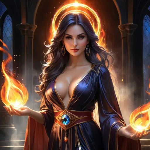 Prompt: From the shadows appears a beautiful very well endowed young sorceress in transparent robes with a halo of fire behind her.