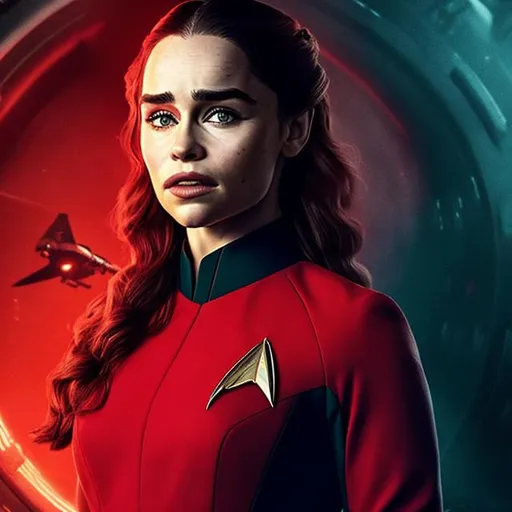 Prompt: A portrait of Emilia Clarke, wearing a Starfleet uniform, in the style of "Star Trek the Next Generation."