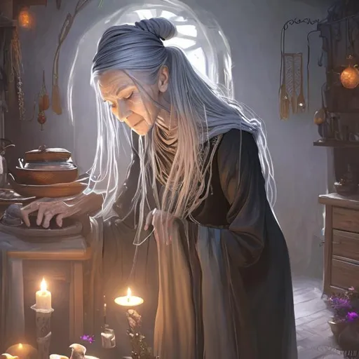 Prompt: a slender elderly lady in a black dress,long white hair,ponytail,inside a healer's cottage,fantasy art,dignified,witch,mentor,female necromancer