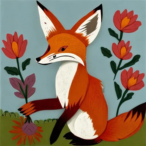 Prompt: Folk art fox holding a flower