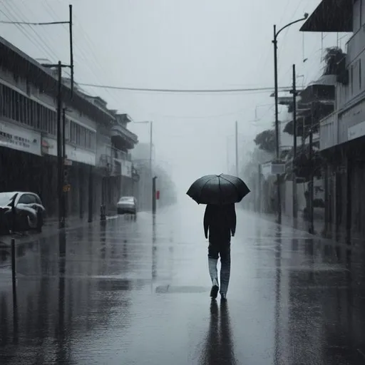 Prompt: Rainy day fully depression man walking in the road