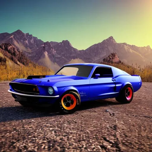 Prompt: A neon blue 1969 mustang with monster truck wheels. On the Rocky Mountains during a bright and vibrant orange, purple, pink, and red, coloured sunset.