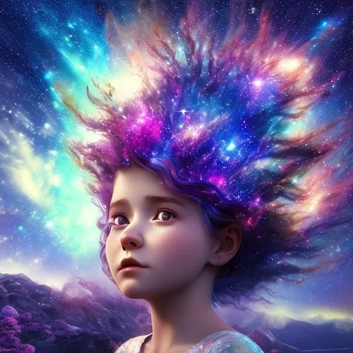 girl with hair made of galaxy standing on hill surro... | OpenArt