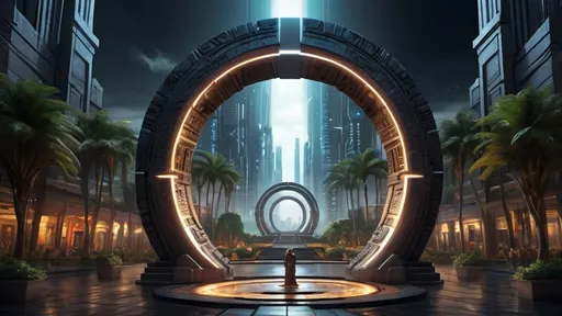 Prompt: magical portal between cities realms worlds kingdoms, circular portal, ring standing on edge, upright ring, freestanding ring, hieroglyphs on ring, complete ring, ancient aztec architecture, gardens, hotels, office buildings, shopping malls, large wide-open city plaza, panoramic view, dark night, futuristic cyberpunk tech-noir setting