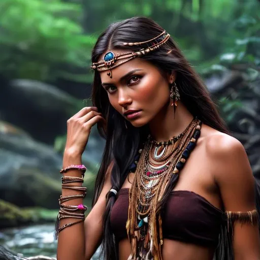 Prompt: professional modeling photo pocahontas as live action human woman hd hyper realistic beautiful native american warrior woman black hair brown skin brown eyes beautiful face native american dress and jewelry enchanting
forest hd background with live action realistic river and waterfall with weapons