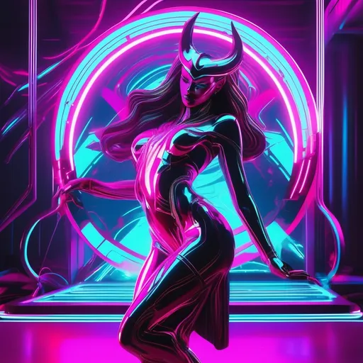 Prompt: a beautiful female demon in a dynamic pose in a retro futuristic synthwave cyberpunk neon paradise.  neon lighting, high quality, beautiful, synthwave, cyber, retro, futuristic