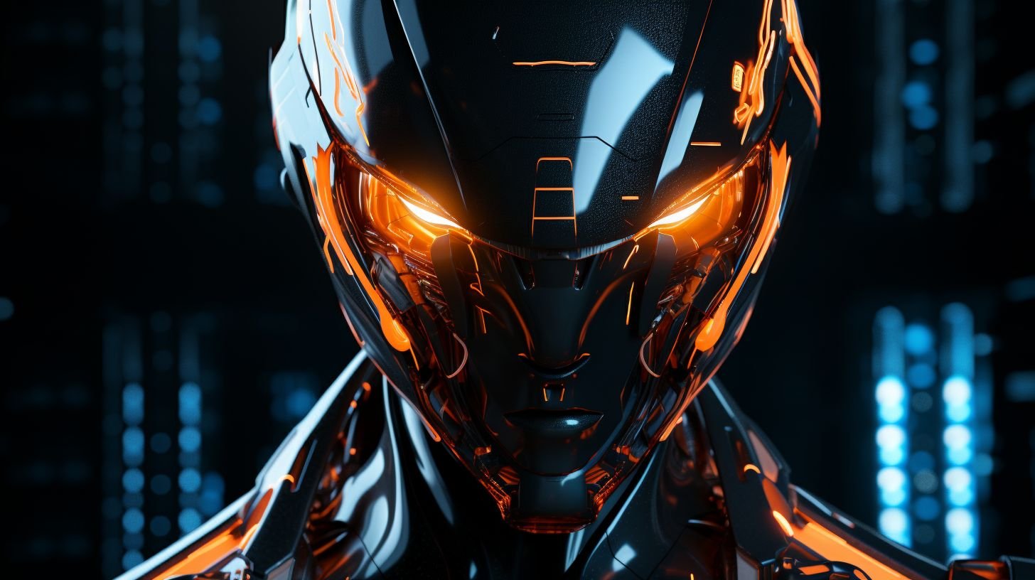Prompt: A futuristic humanoid robot with a glossy black exterior is adorned with intricate orange lighting and details. Its head features an illuminating blue eye, resembling a high-tech visor, and its body glistens with mechanical intricacies set against a dimly lit backdrop.
