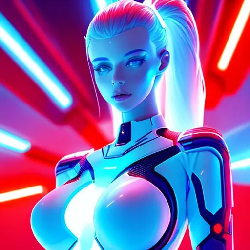 Prompt: futuristic female by elmopix, in the style of neon realism, (red, white, blue), nikita veprikov, softly luminous, shiny, resin, smooth curves --ar 51:91 --style raw --s 750 --v 5.1