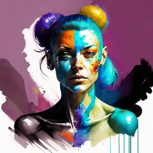 Prompt: Futuristic colorful concept art tattoos on beautifully perfect woman aged in her early 30’s