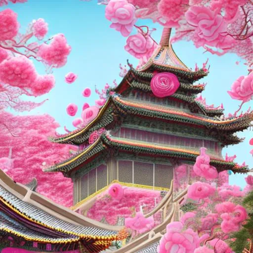 Prompt: Gorgeous pink Chinese palace,CG rendering Chinese style,overlooking, mythology,fairyland surrounded by roses,rose path. Rose bushes,clear and bright roses, lighting effects, dreams, starry sky, super details, illustrations, 16K unreal engine, ethereal clouds.Moon Palace,4K--w2480--h3508