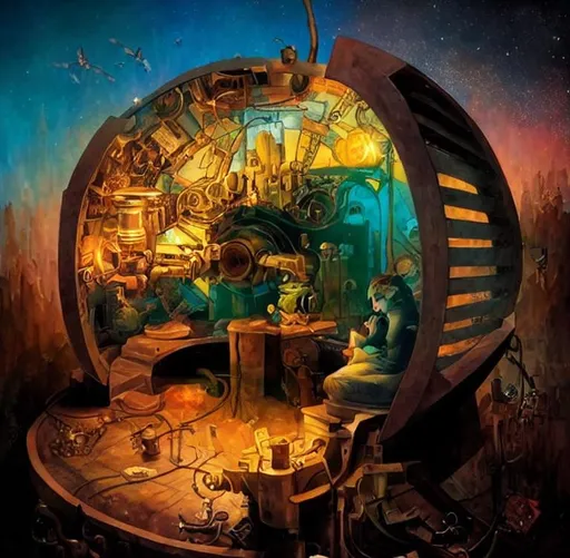 Prompt:  A time machine by Jacek yerka, esao Andrews, Chris foss, Victo Ngai, Alayna Danner, Alyn Spiller, Daniel dos santos. Best quality, cinematic smooth, 3d, 4k. Beautifully lit. Iridescent soft glow.