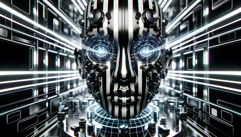 Prompt: facial portrait with bold black and white stripes, emitting holographic beams from eyes and mouth, located in a darkened futuristic chamber, ambiance of a high-tech command center, levitating three-dimensional puzzle designs, gleaming chrome surroundings mirroring the holographs, mesh of lights and reflections, face adorned with robotic gear and circuitry motifs, wide screen presentation